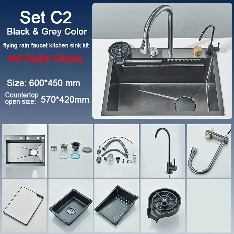 Stainless Steel Sink Faucet Digital Display Large Bowl