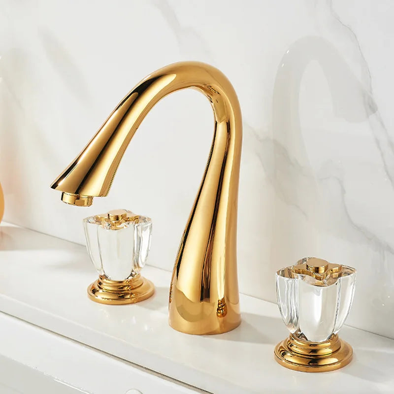 French Brass Bathroom Gold Three-Hole Basin Faucet Cold