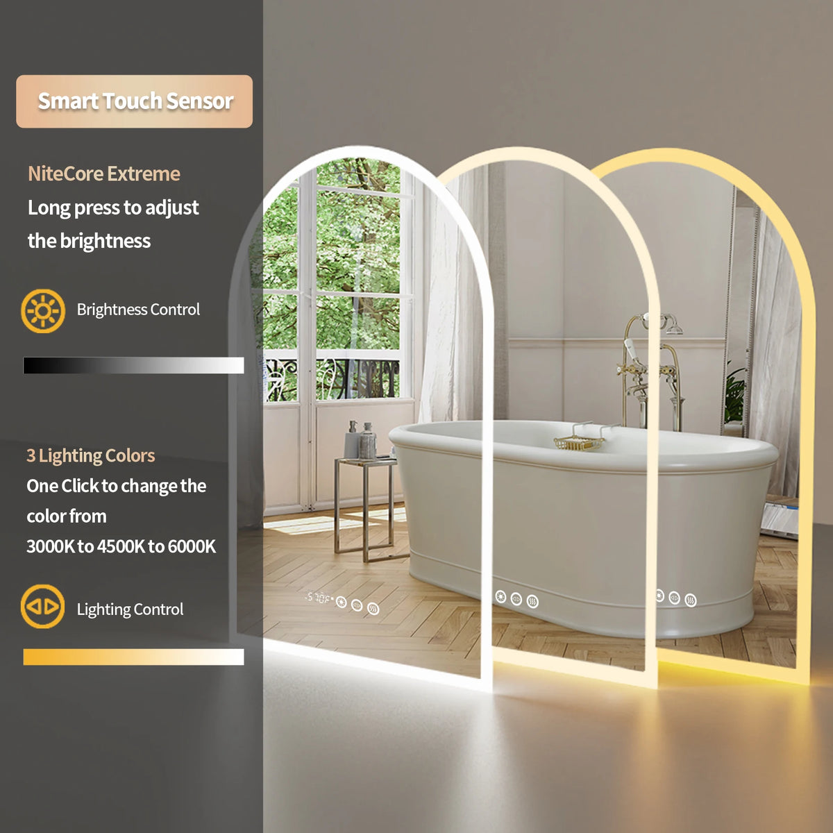 60x90cm Vertical Arch-Shape Led Bathroom Mirror Backlit Frameless
