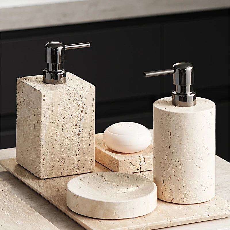 Beige Travertine Bathroom Natural Marble Soap Dispenser Reed