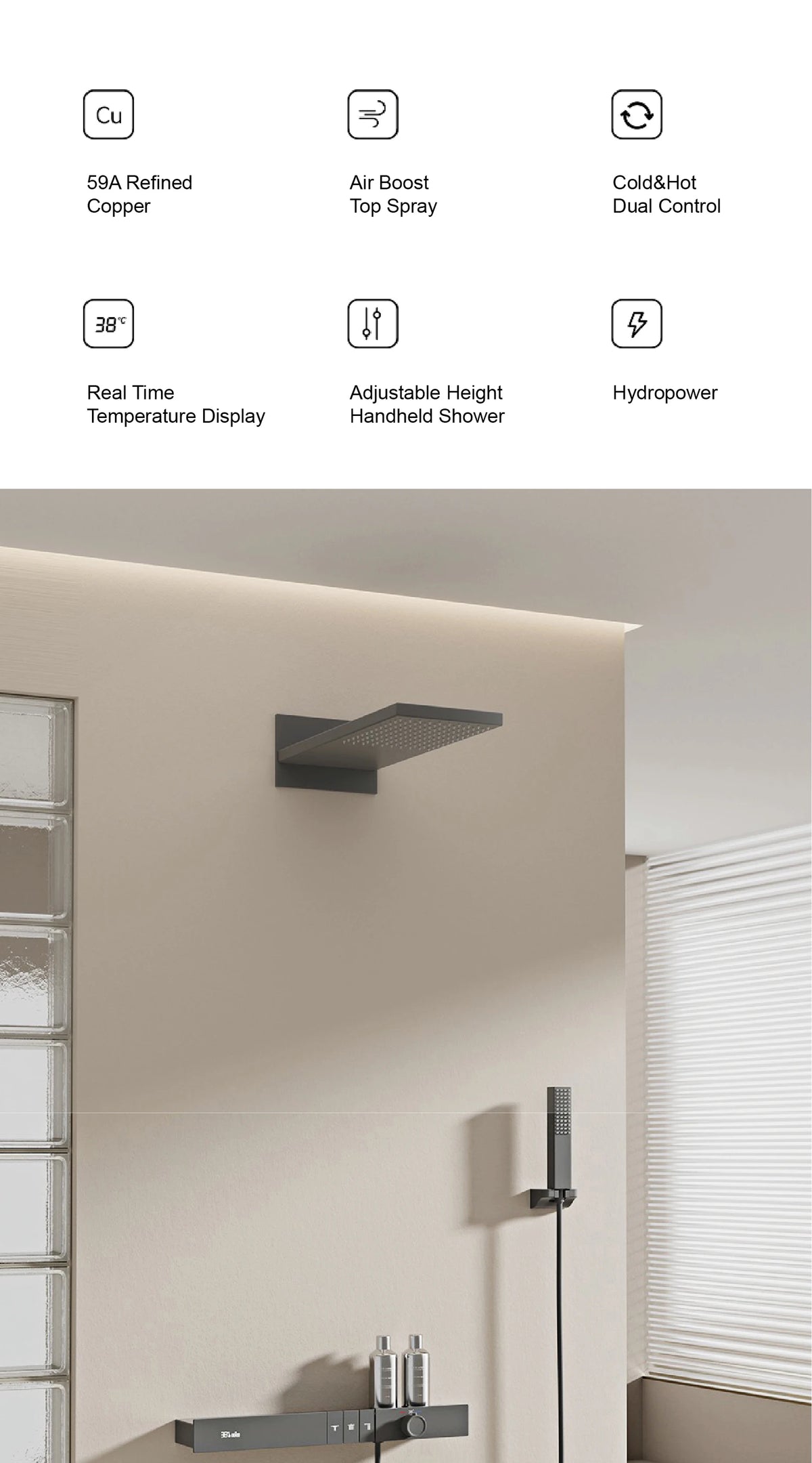 Luxury Ceiling Thermostatic Shower System Black Brass Function