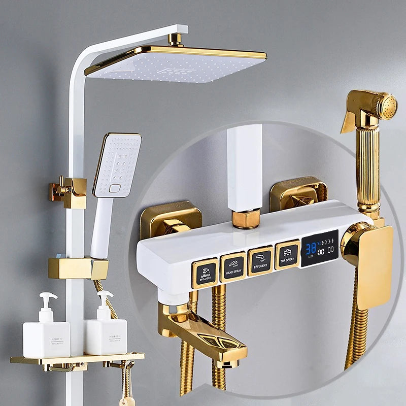 Luxury Thermostatic Bathroom Shower System White Gold Brass