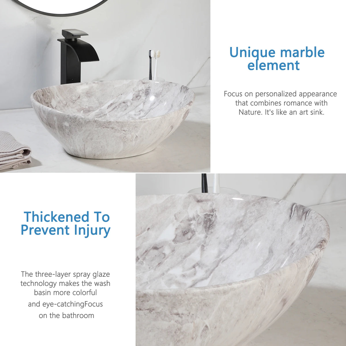 Kemaidi Oval Vessel Sink Faucet White Marbling Bathroom