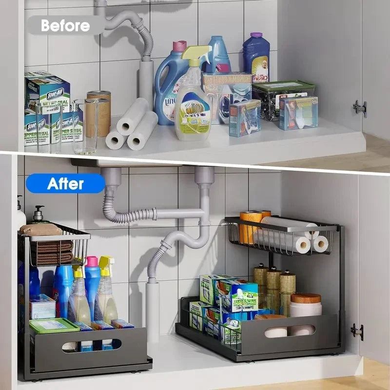 Tier Sliding Under Sink Storage Rack Rustproof Metal