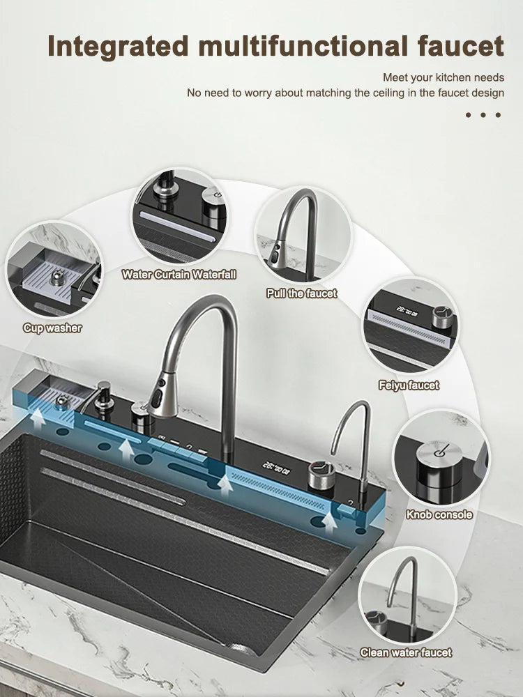 Stainless Steel Sink Large Slot Waterfall Digital Display