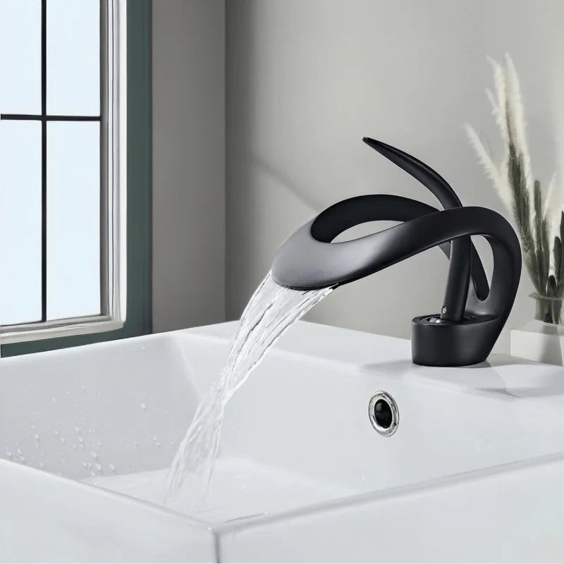 Black Bathroom Basin Taps Handle Waterfall Faucet Solid