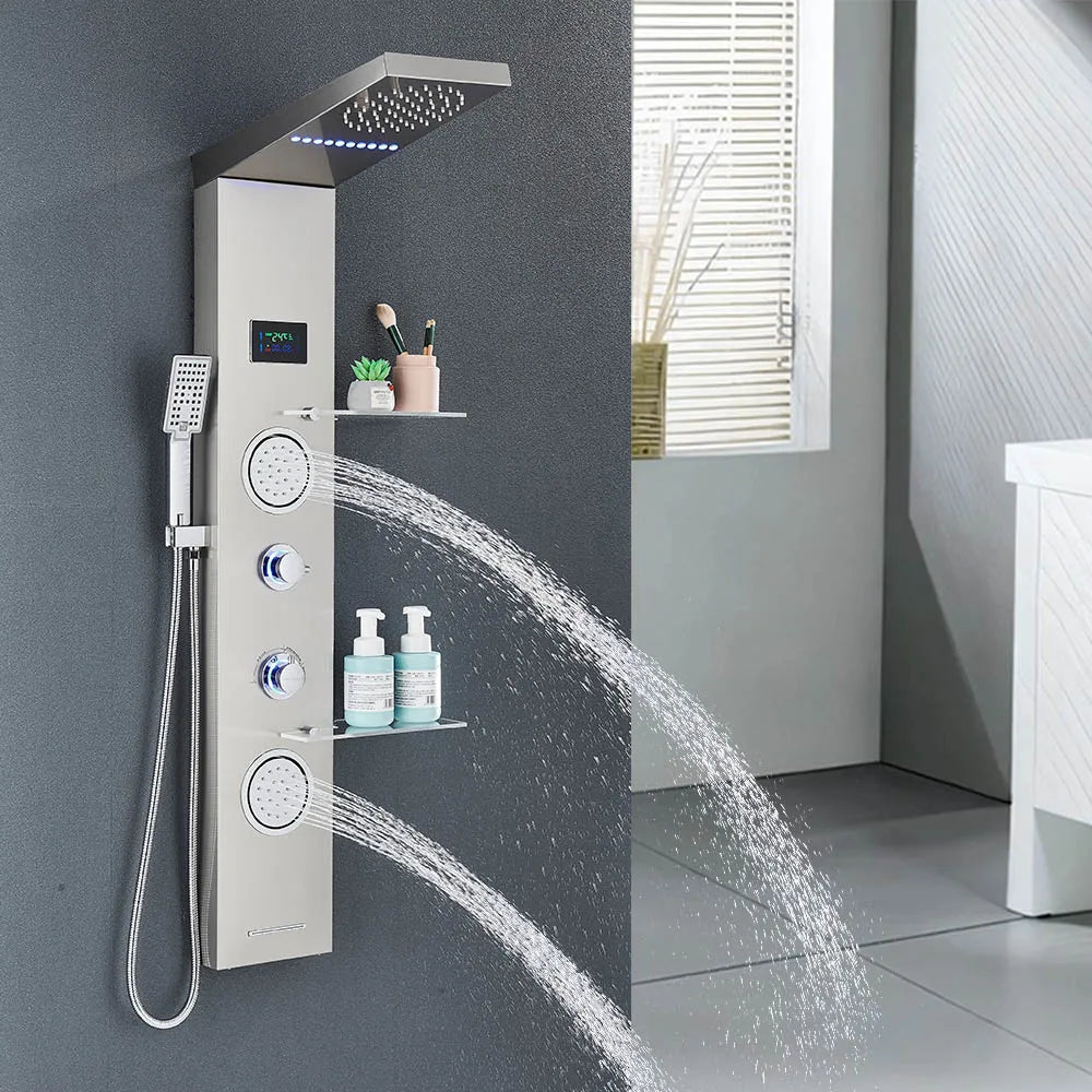 Brushed Nickel Bathroom Led Rainfall Shower Faucet Digital