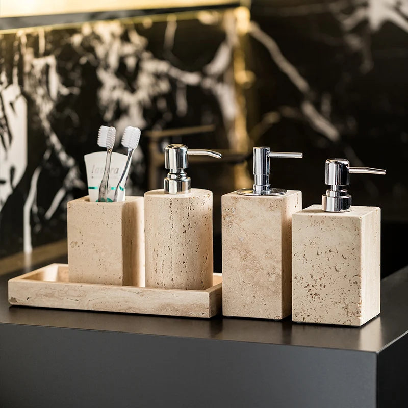 Beige Travertine Bathroom Natural Marble Soap Dispenser Reed