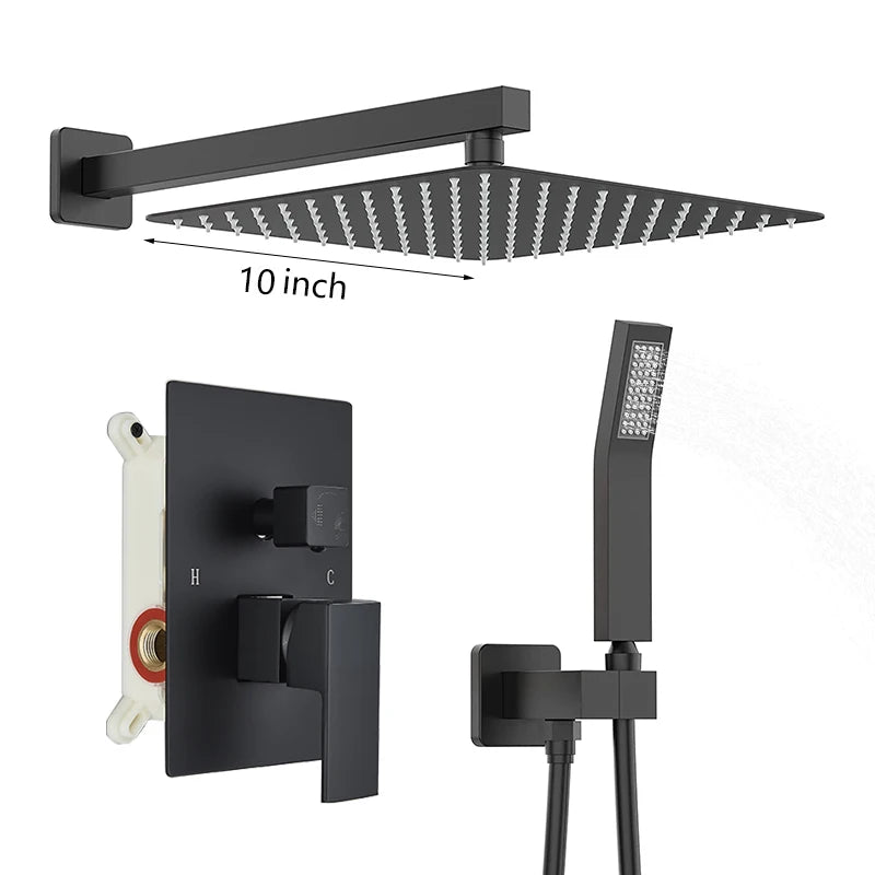 Matte Black Rainfall Shower Faucets Rain Waterfall Concealed
