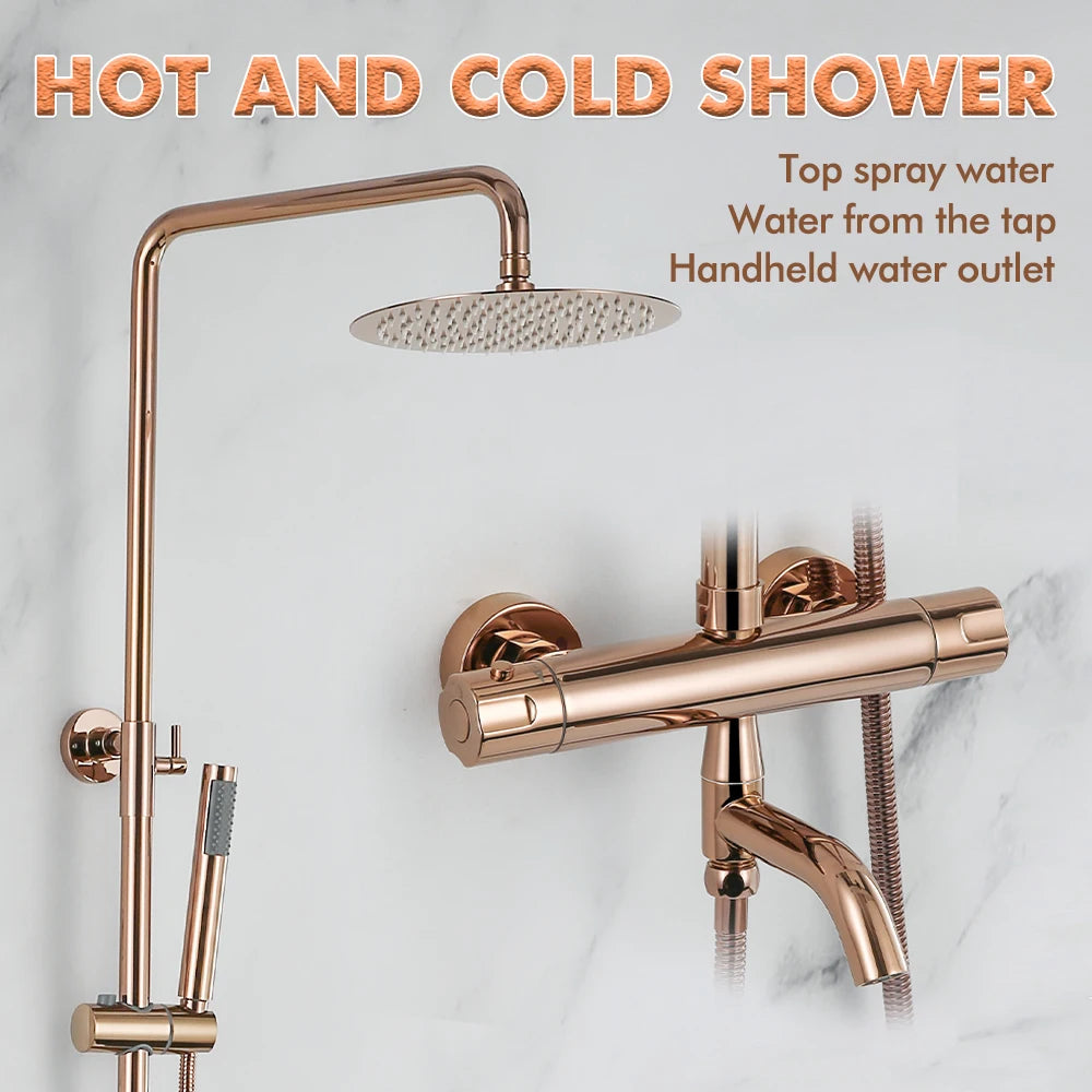 Brushed Rose Gold Thermostatic Exposed Shower System Rainfall