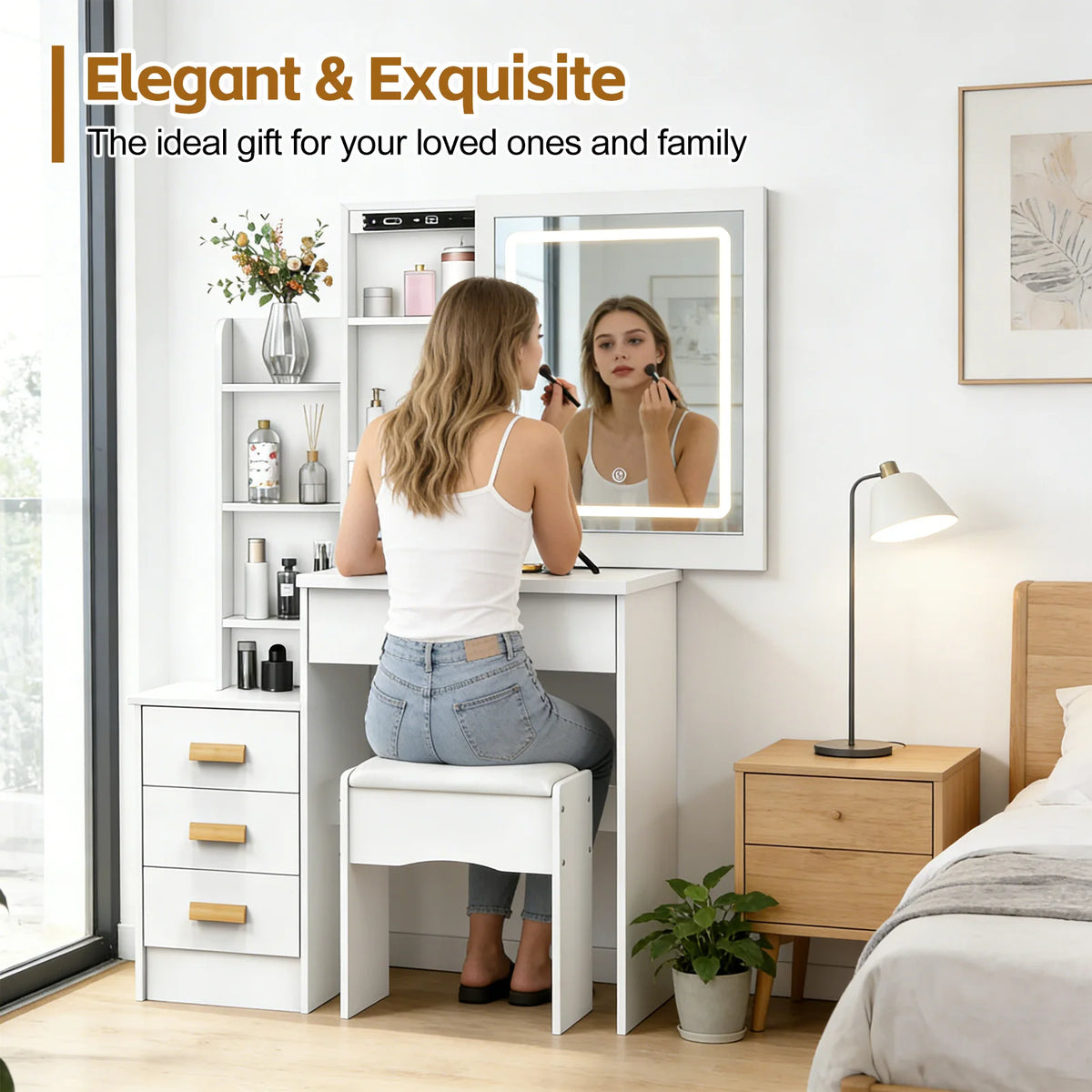 Bedroom Dressing Table Vanity Desk Sliding Mirror Lights
