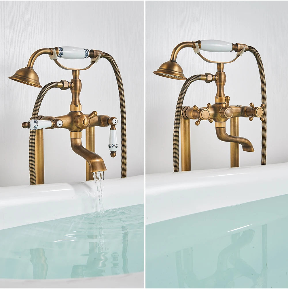 Antique Brass Floor Mounted Bathtub Shower Faucet Dual