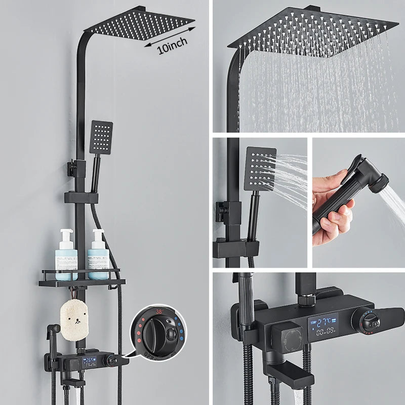 Black Digital Display Thermostatic Shower Faucets Rainfall Shower