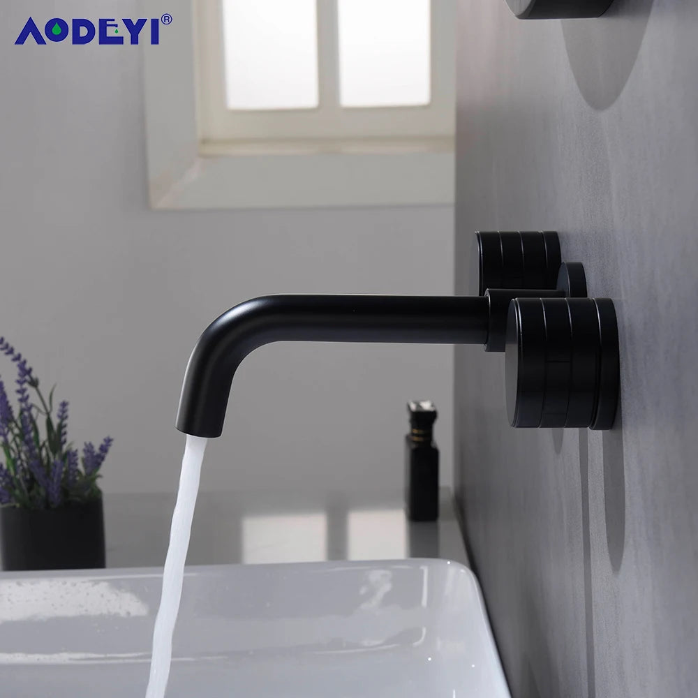 Black Bathroom Faucet Brass Double Lever Wall Mounted