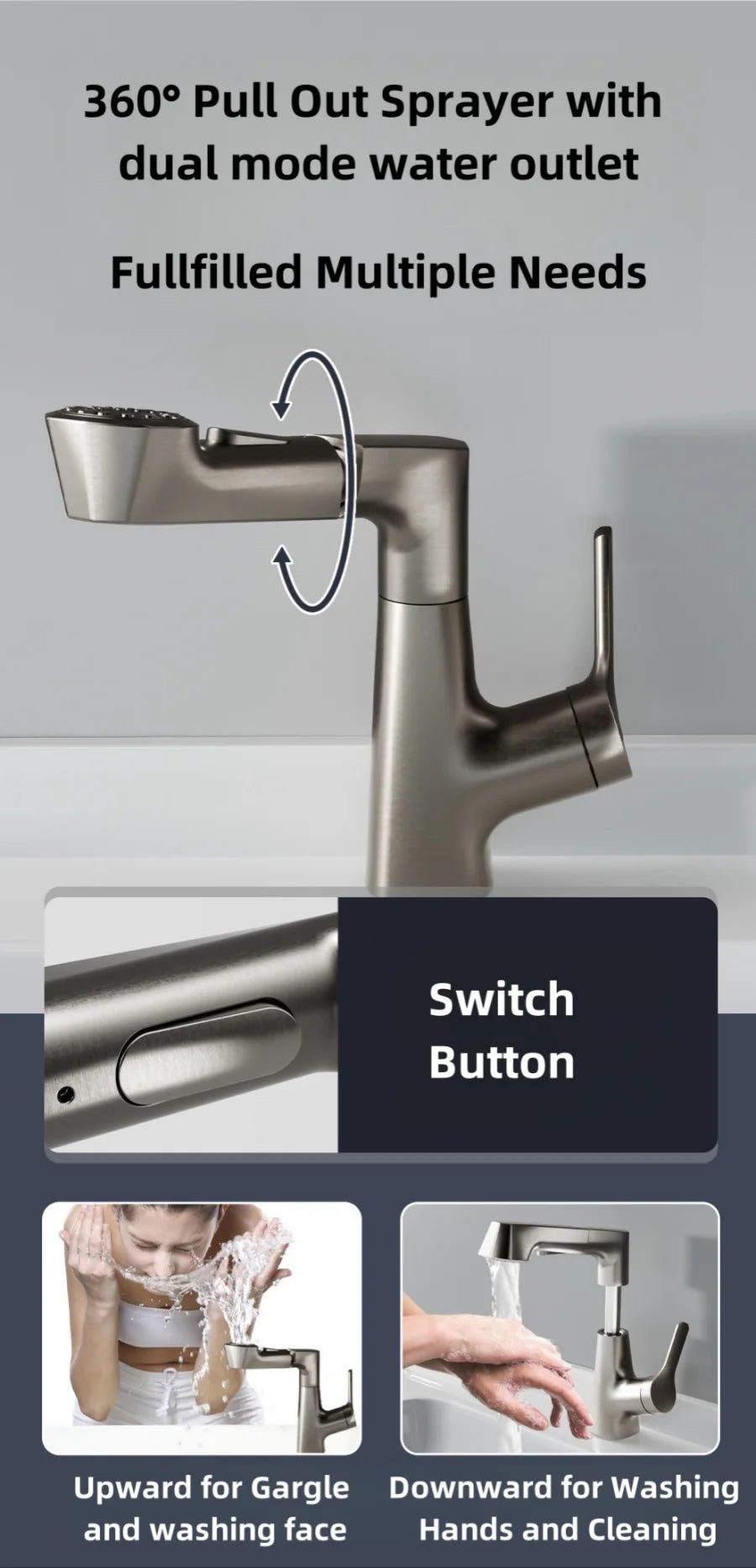 Bathroom Sink Faucet Pull Out Sprayer Handle Hole