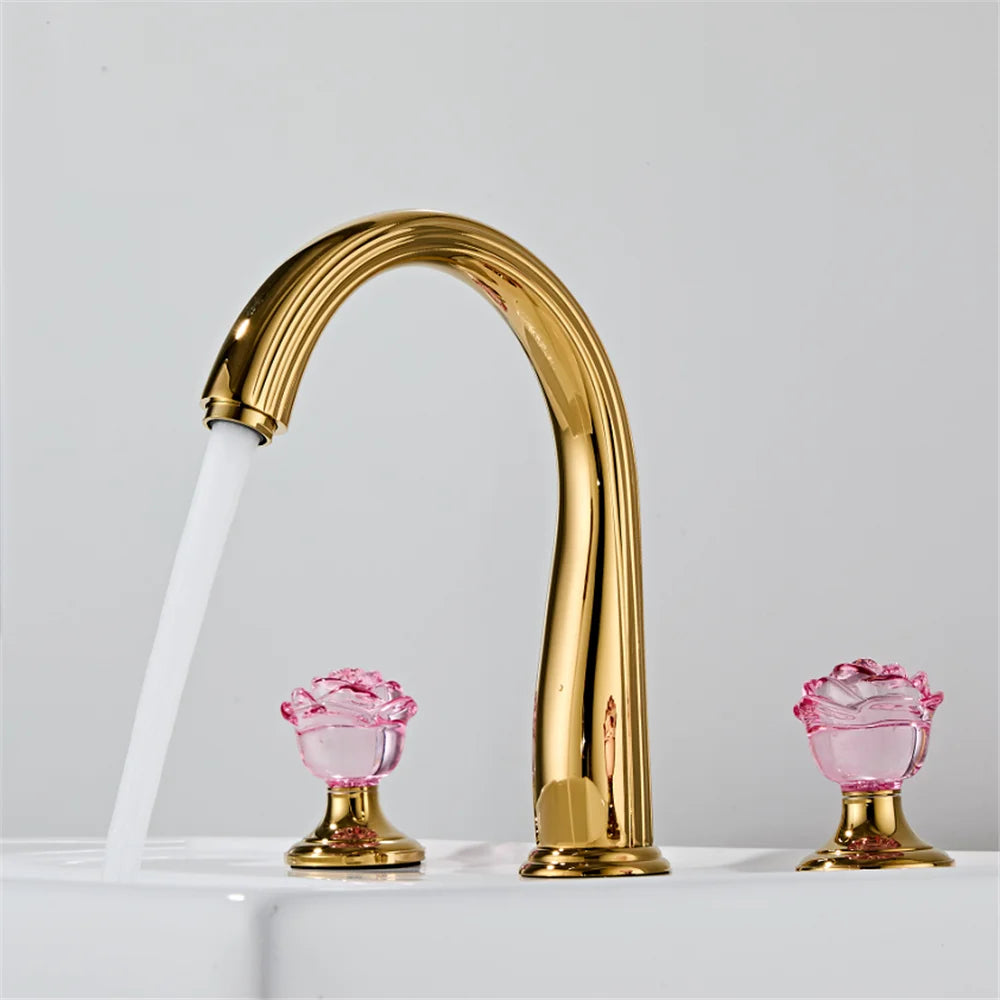 Gold Red Rose Basin Faucet Widespread Sink Tap