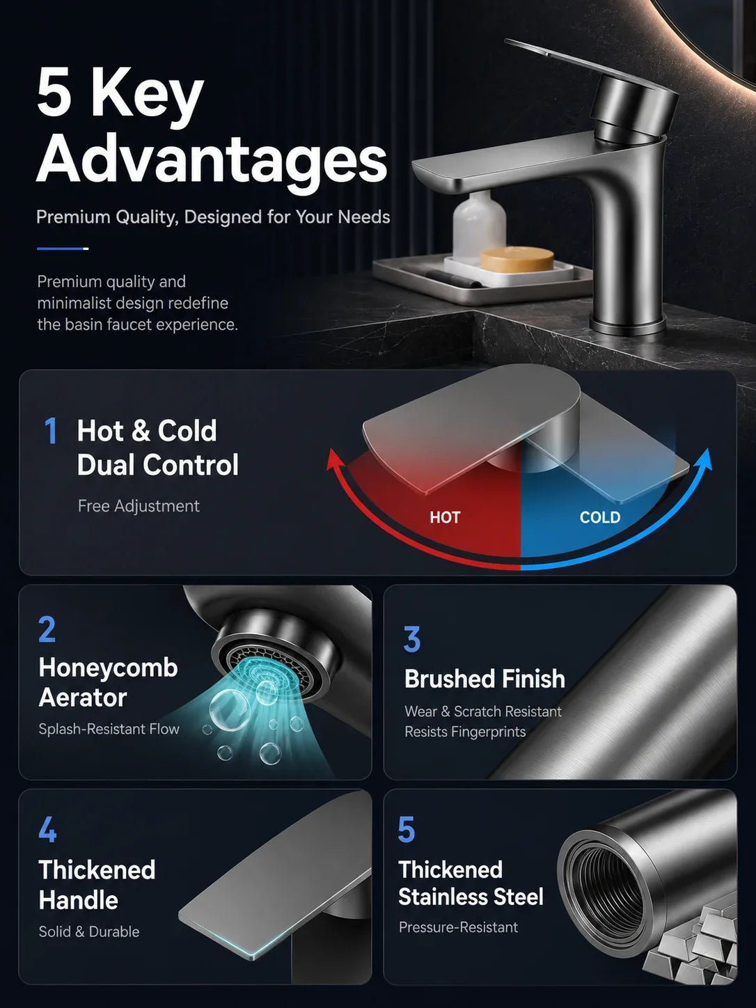 304 Stainless Steel Bathroom Sink Faucet Cold Mixer