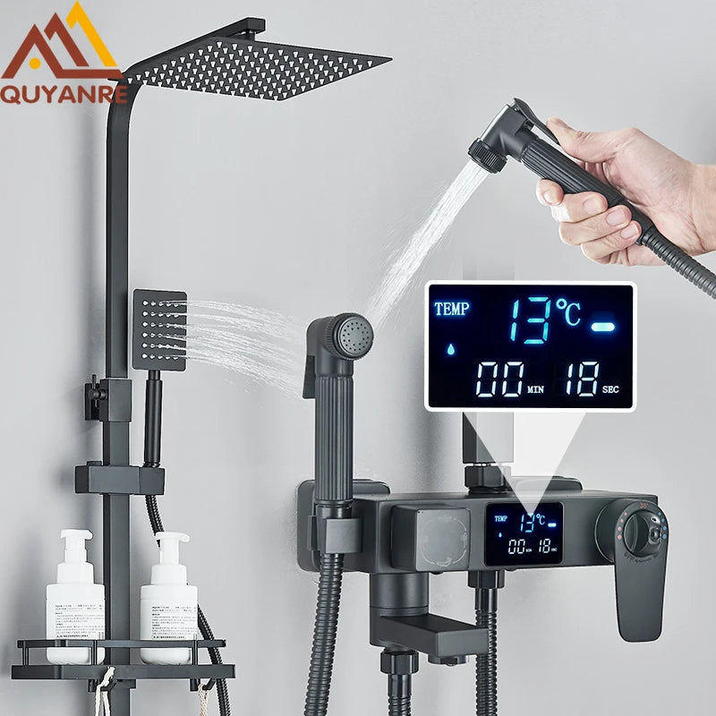 Black Digital Display Thermostatic Shower Faucets Rainfall Shower