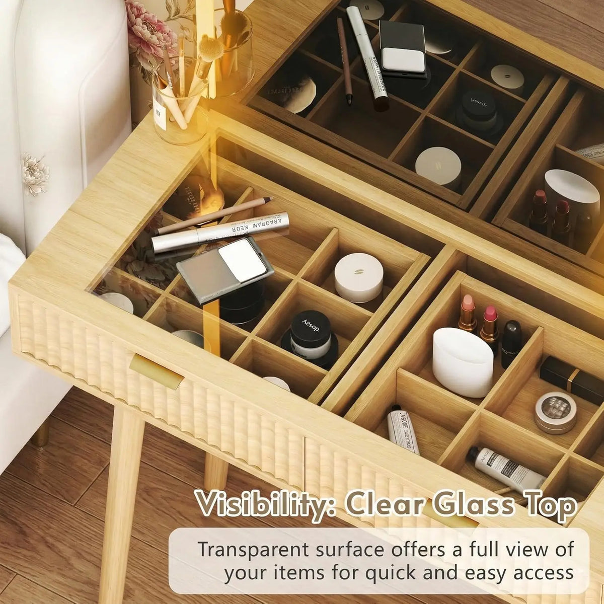 Fluted Boho Vanity Desk Led Mirror Glass Top
