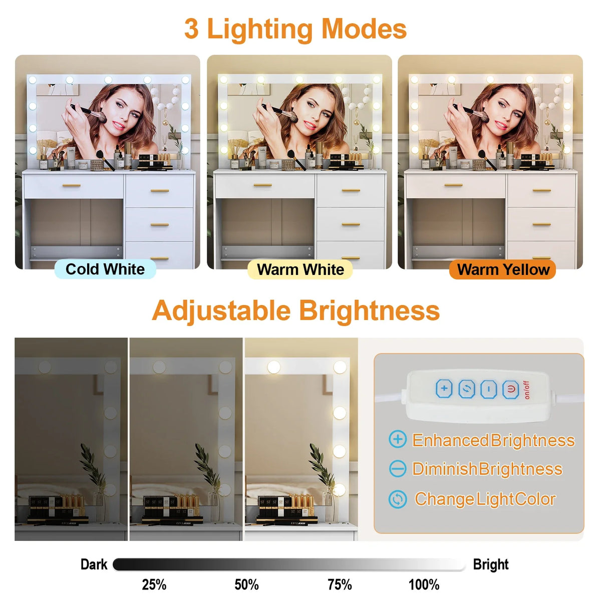 White Dressing Table Large Hollywood Mirror 11 Led