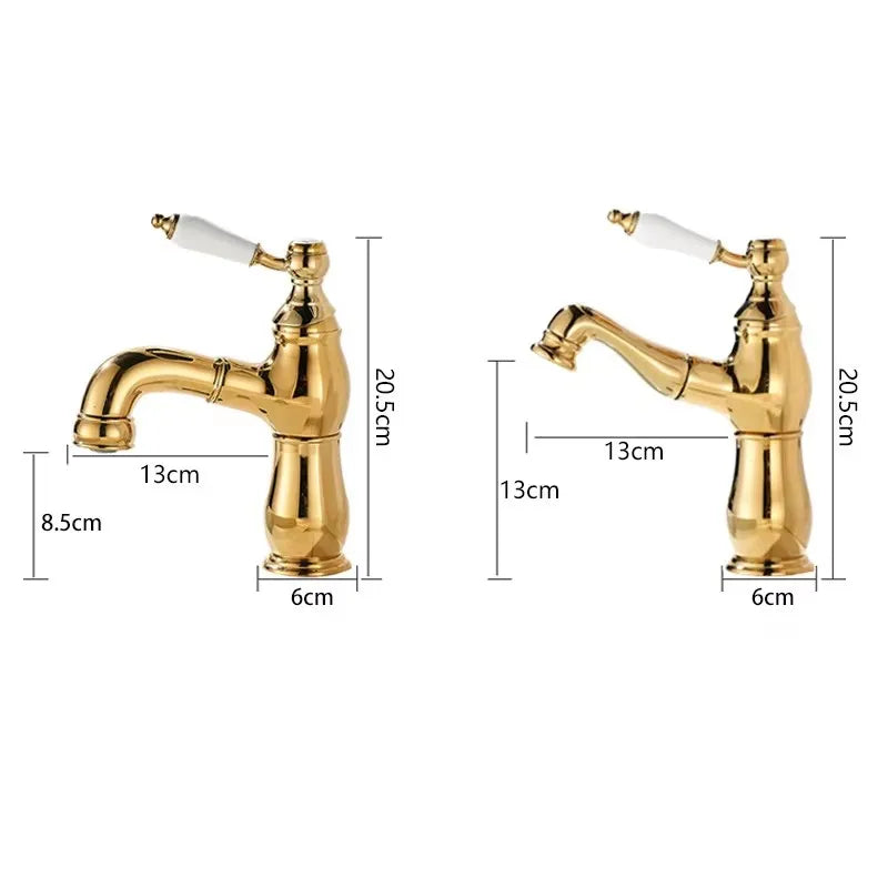 Gold Bathroom Ceramic Handle Basin Faucets Pull Out
