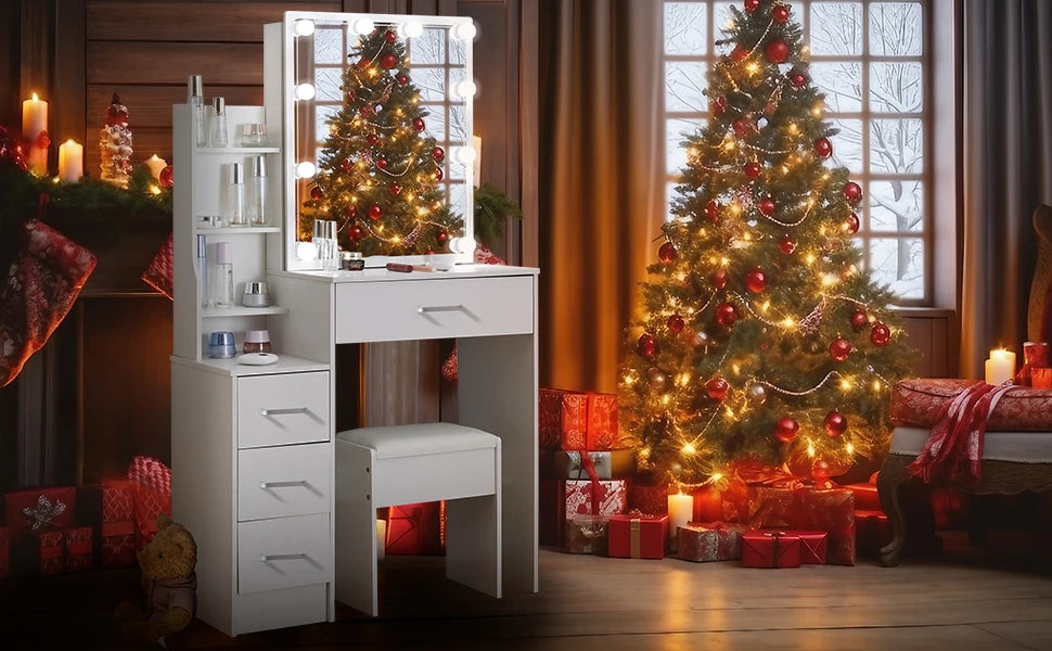 Led Vanity Table Sliding Mirror White Makeup Desk
