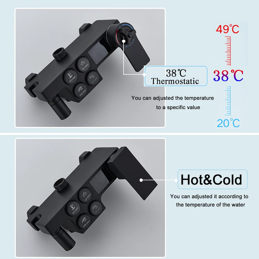 Black Thermostatic Lcd Shower Faucet Temperature Display Rainfall