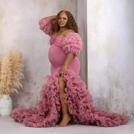 Pink Mermaid Maternity Robes Photoshoot Sweetheart Ruffled Slit