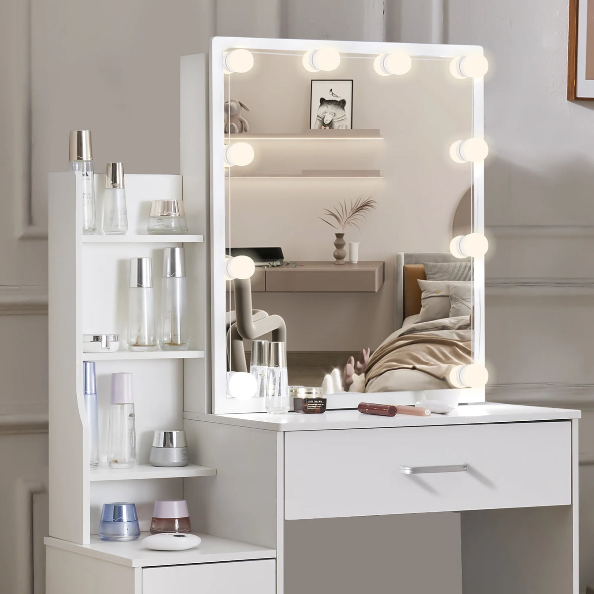 Led Vanity Table Sliding Mirror White Makeup Desk