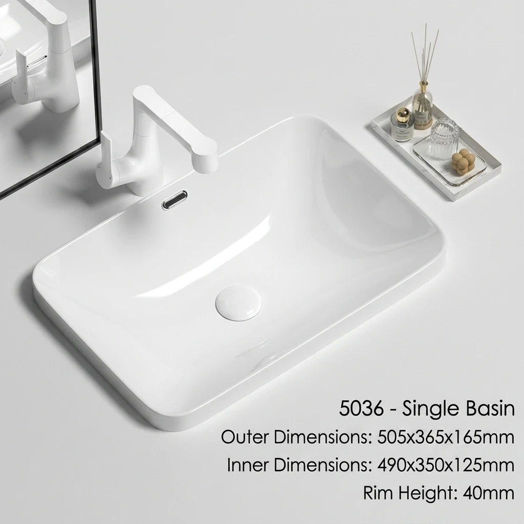 Rectangular Semi Recessed Ceramic Wash Basin Bathroom Countertop