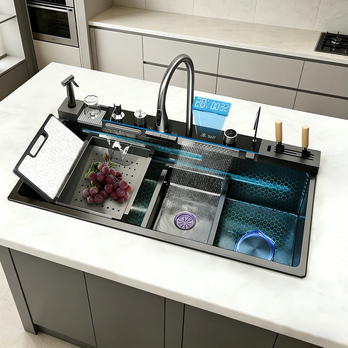 Stainless Steel Sink Large Slot Waterfall Digital Display