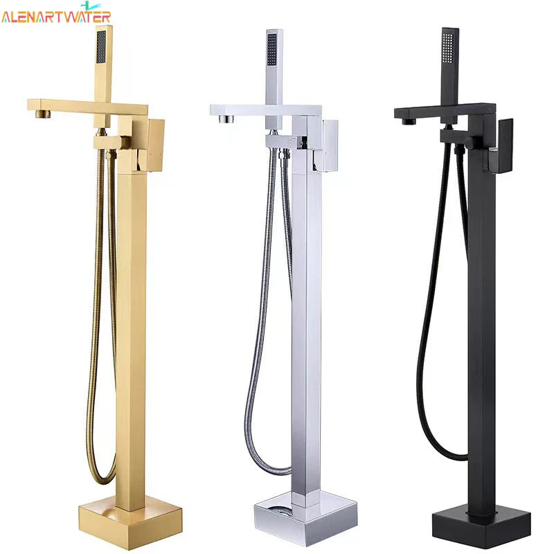 Matte Black Square Bathtub Shower Faucets Floor Standing