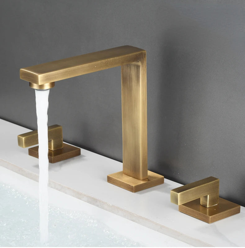 Brushed Gold Basin Faucet Solid Brass Three Hole