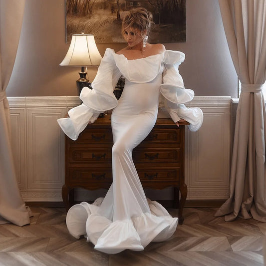 White Off Shoulder Big Ruffle Mermaid Maternity Dress