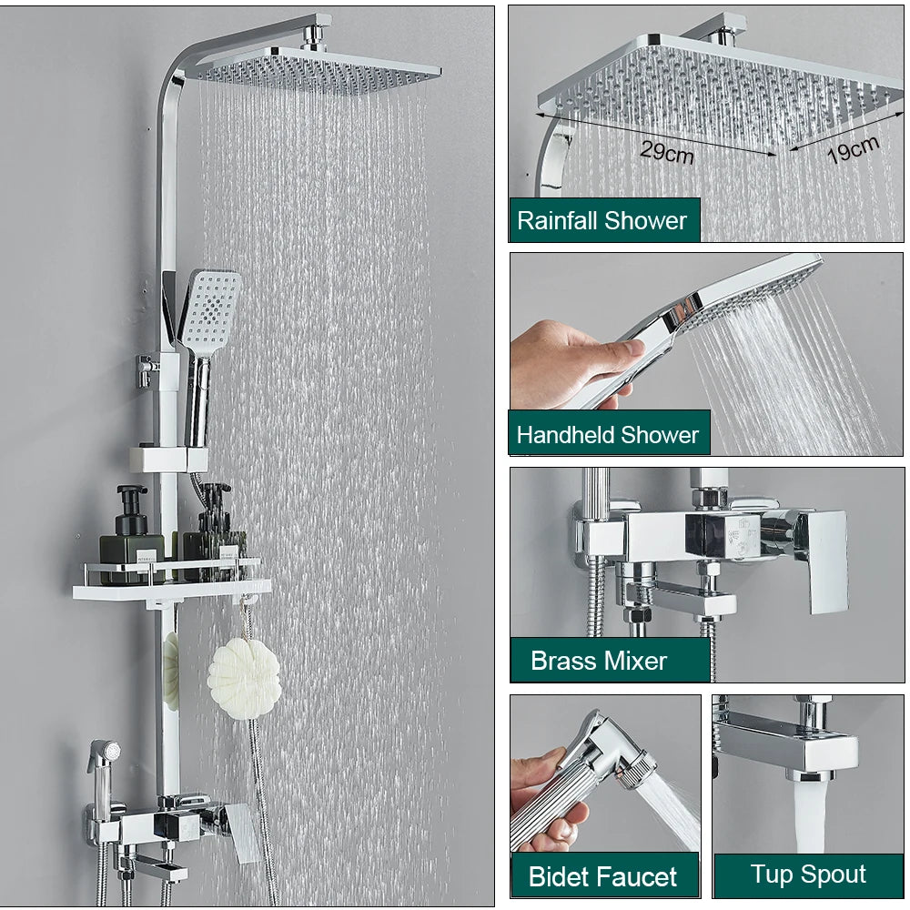 Shower Faucet Rainfall 3/4-Ways Bathtub Tap Bathroom Shelf