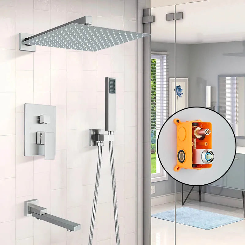 Brushed Nickel Bath Concealed Rainfall Shower Faucets Wall