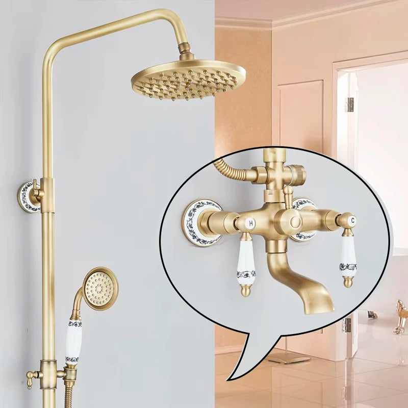 Antique Brass Shower Faucet Rainfall Head Shower Handshower