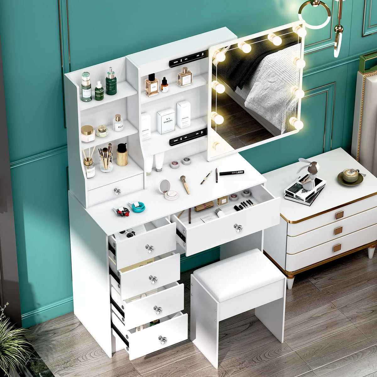 Teousev White Led Makeup Vanity Sliding Mirror 3-Color