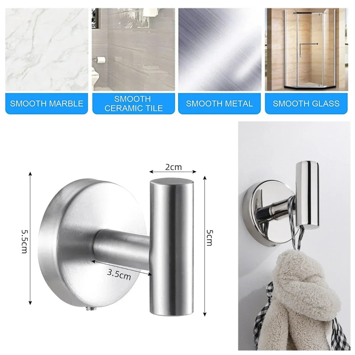 2pcs Polished Bathroom Towel Hooks Stainless Steel Coat