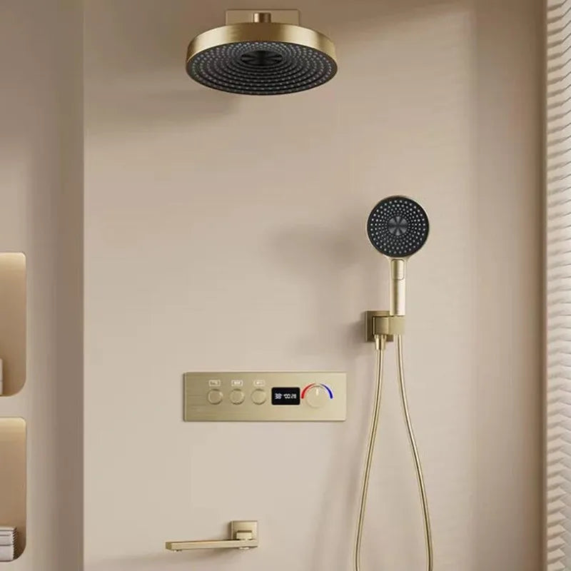 Brushed Gold Thermostatic Bathroom Shower Faucet In Wall