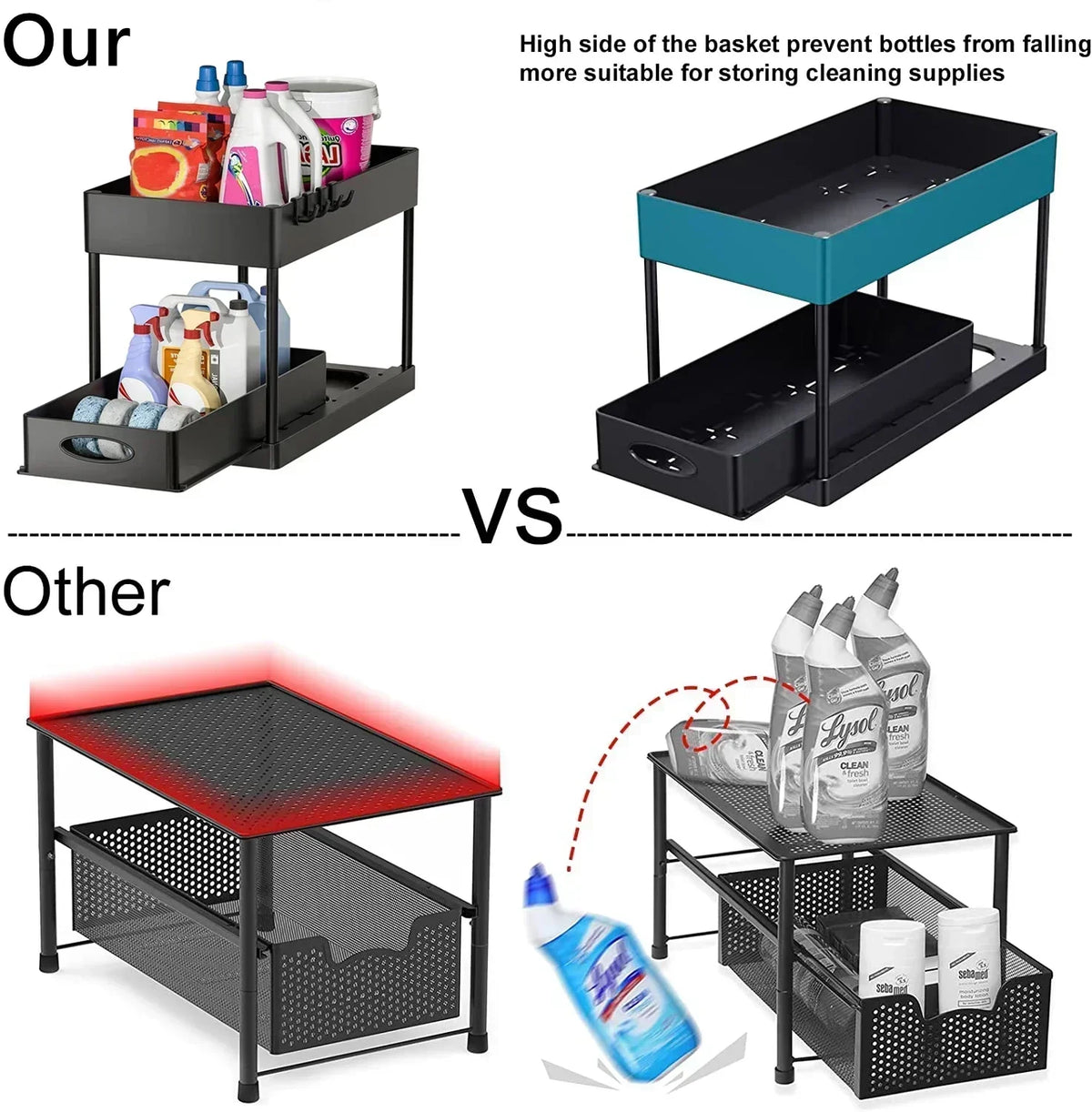 Tier Under Sink Organizer Sliding Storage Rack Hooks