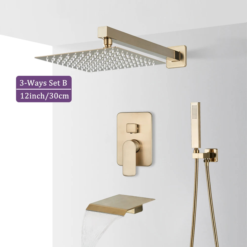 Brushed Gold Bathroom Shower Faucet 2/3 Way Rainfall