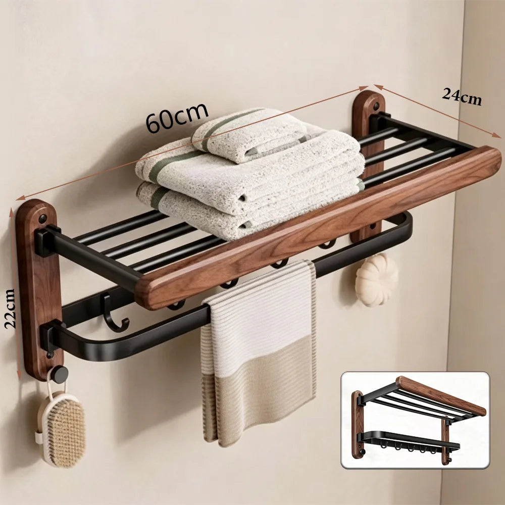 Walnut Wood Bathroom Wall Mounted Towel Rack Shelf