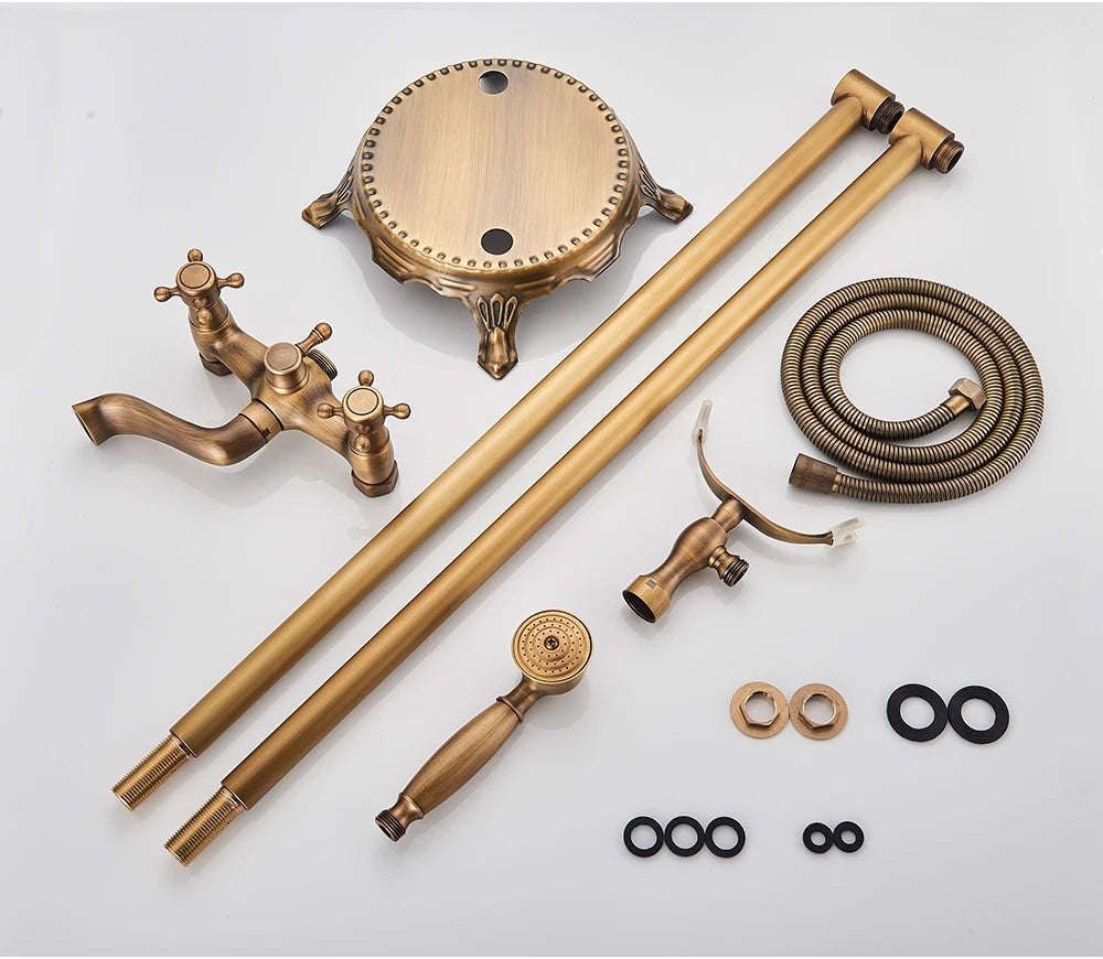Antique Brass Floor Mounted Bathtub Shower Faucet Dual