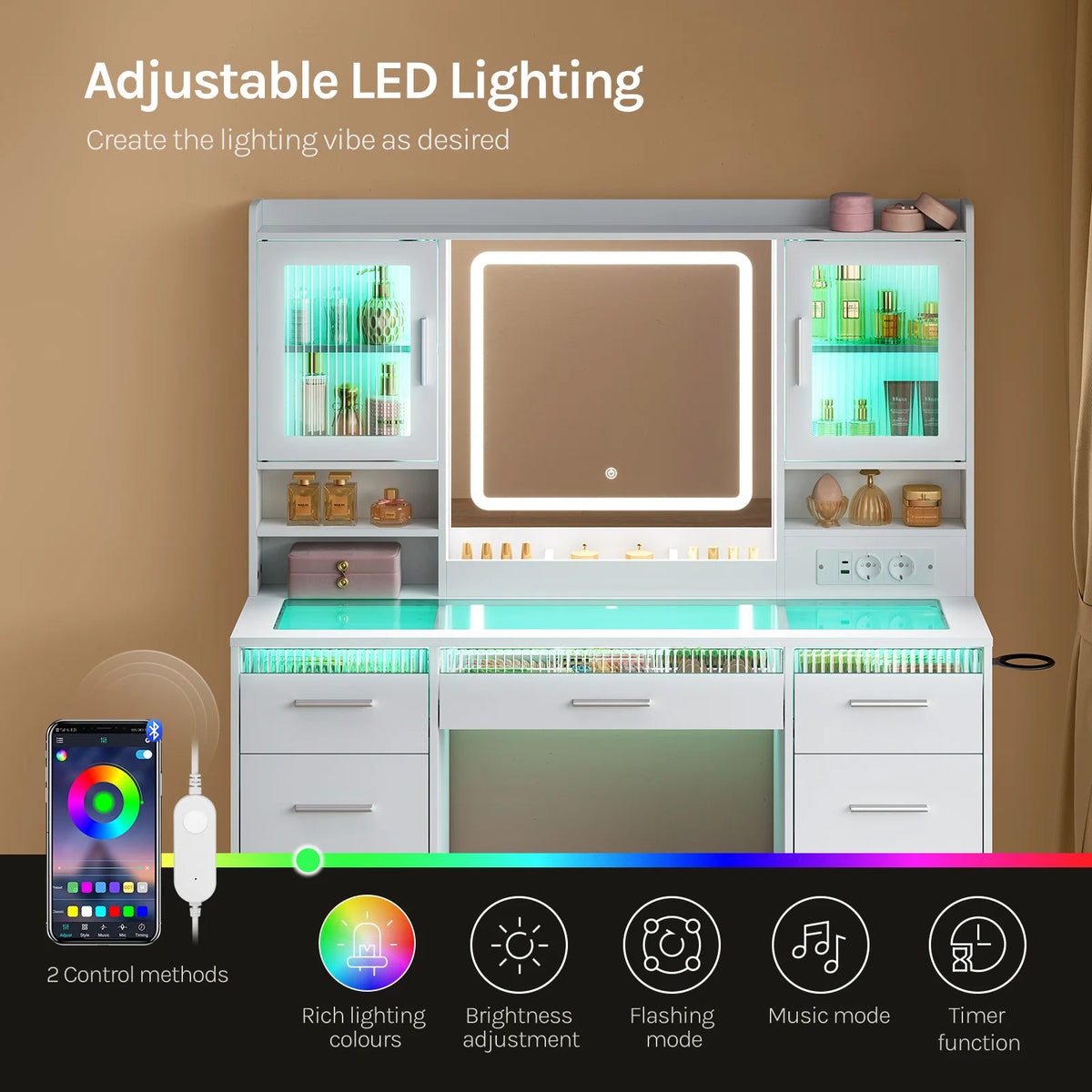 Woltu Cosmetic Table Drawers Rgb Lighting Makeup Vanity