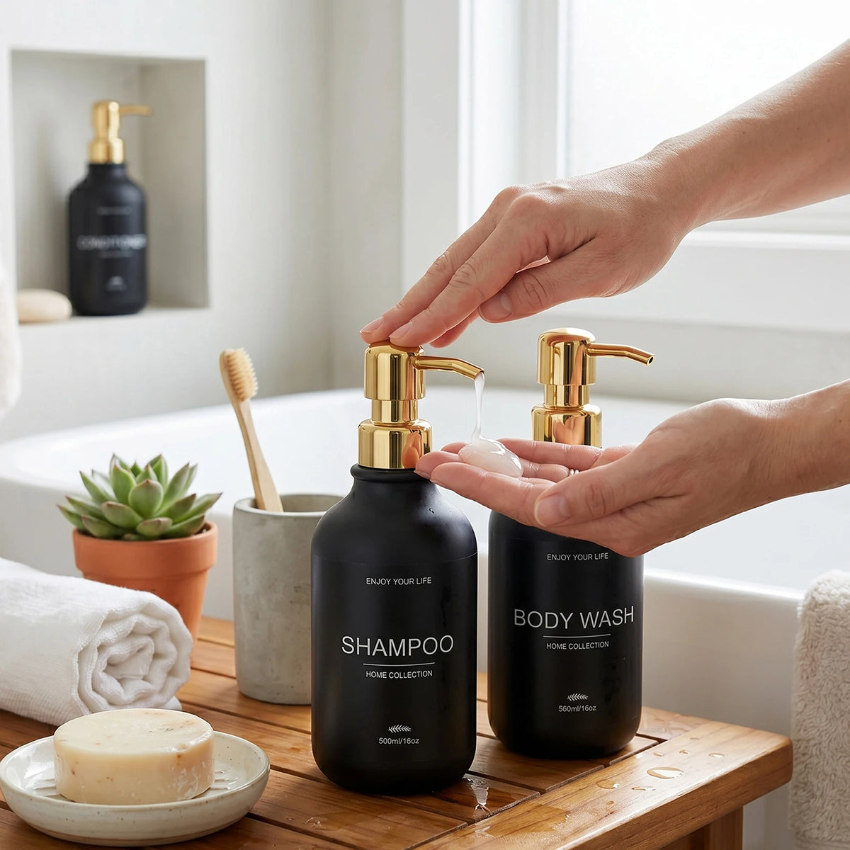 Matte Black Shower Dispenser Bottles Plastic Shampoo Conditioner