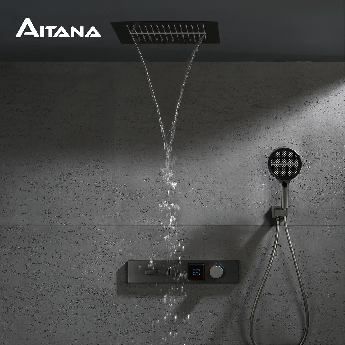Luxury Gun Gray Brass Shower System Led Digital
