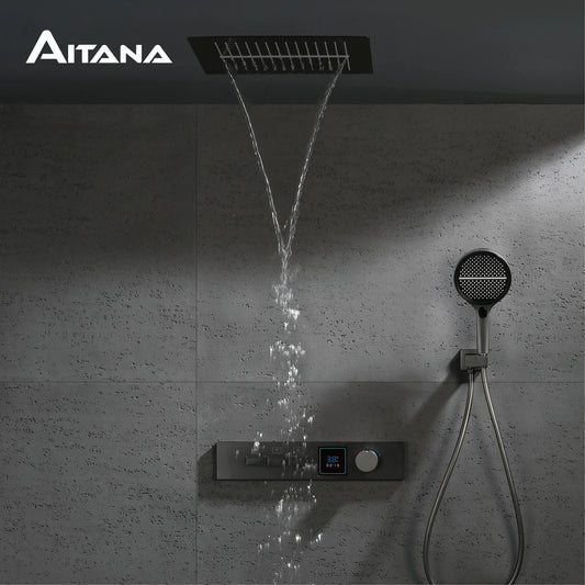 Luxury Gun Gray Brass Shower System Led Digital