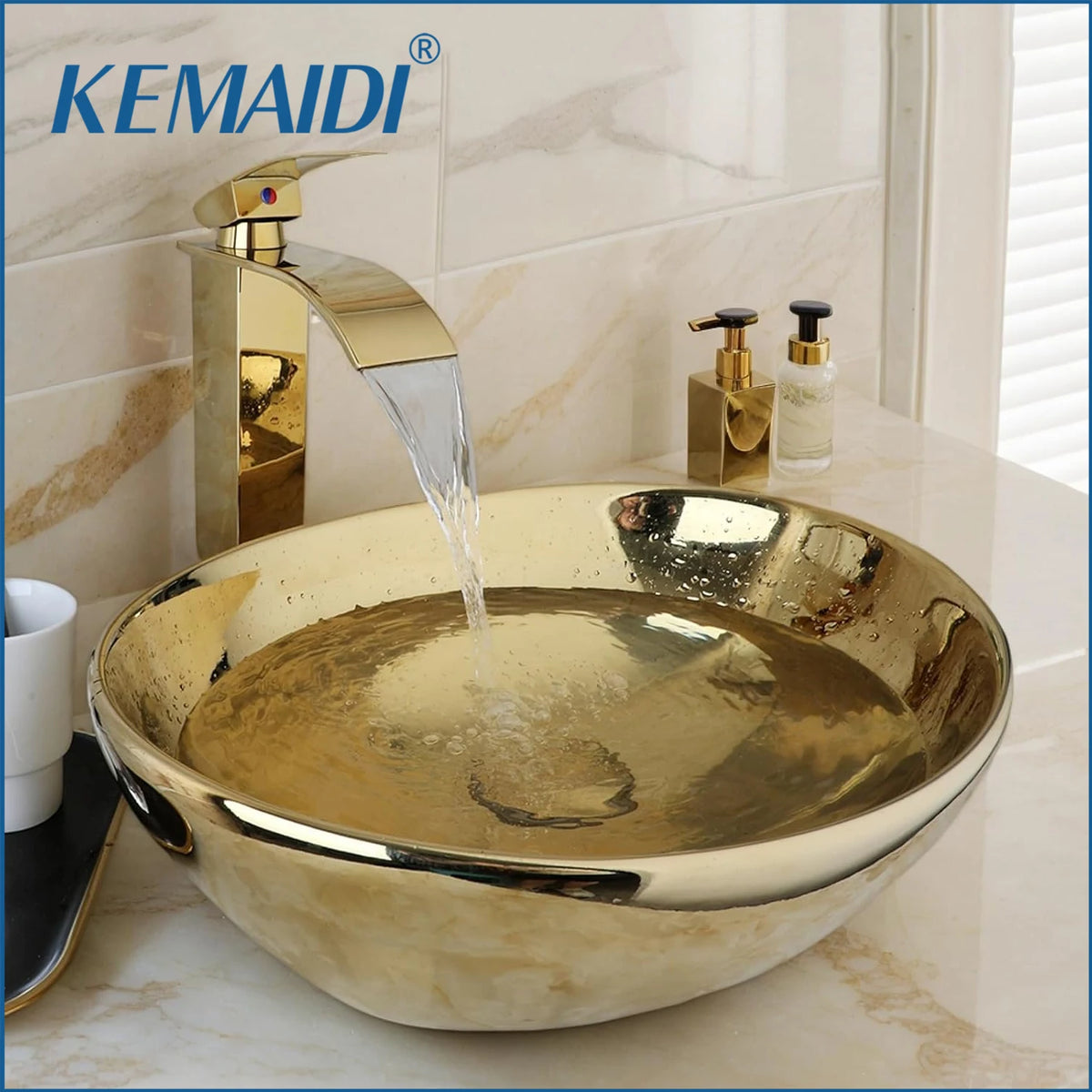 Kemaidi Bathroom Vessel Sink Luxury Shiny Gold Ceramic