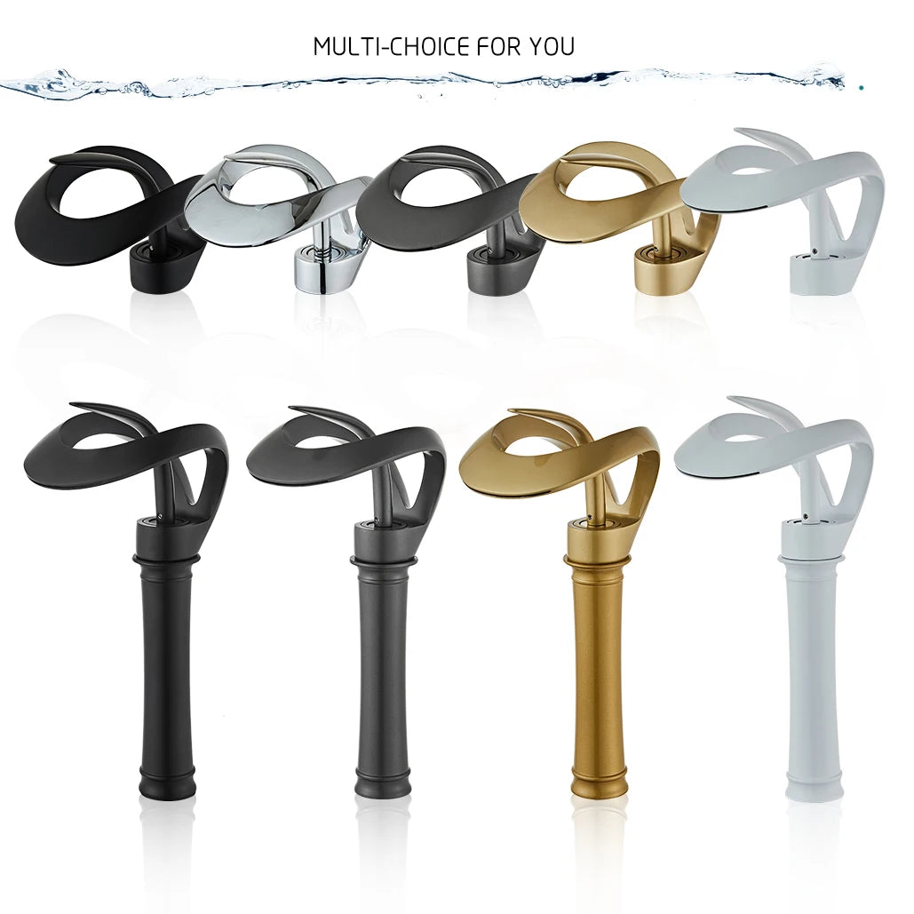 Black Bathroom Basin Taps Handle Waterfall Faucet Solid